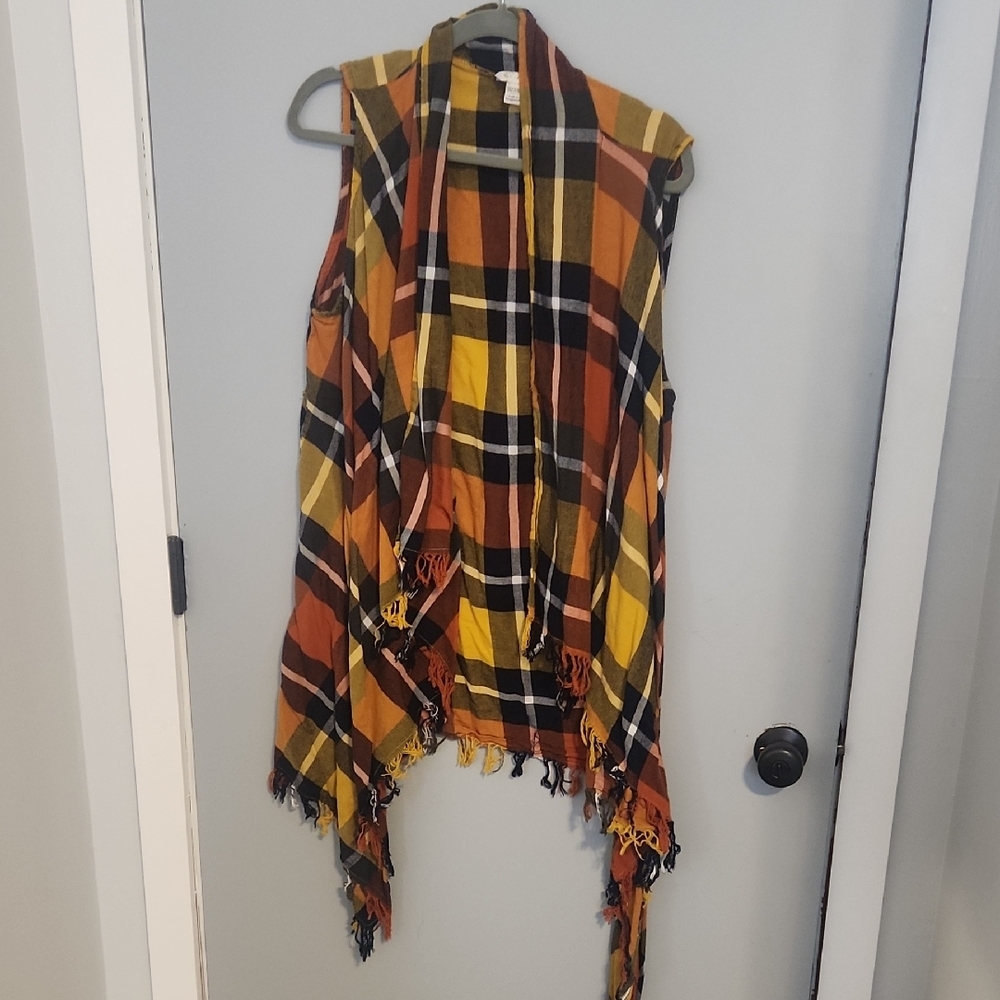 Plaid Fringe Vest - Yellow, Black, Orange
